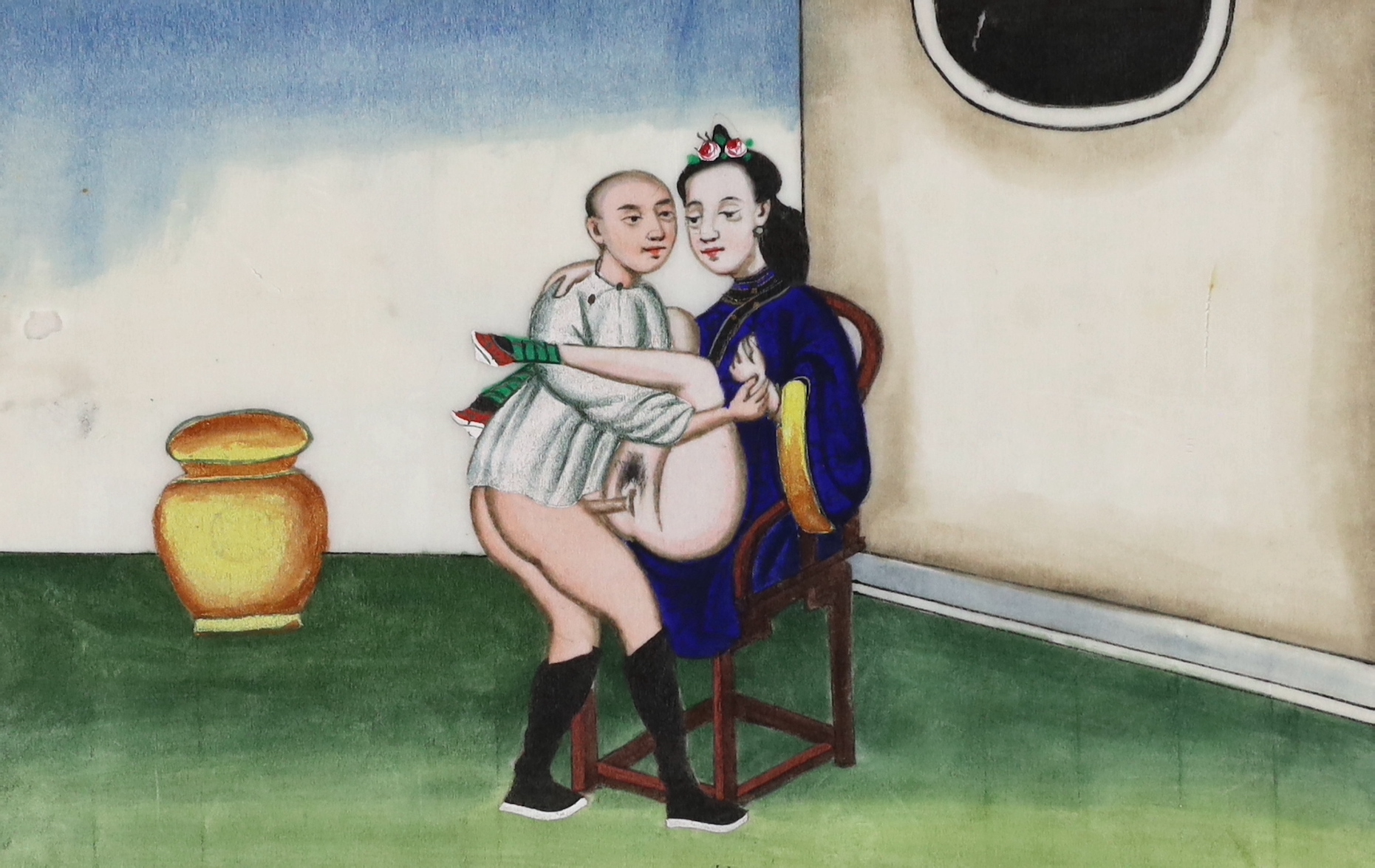 A Chinese album of twelve paintings on pith paper, erotic subjects, late 19th century, tears and losses to pith paper